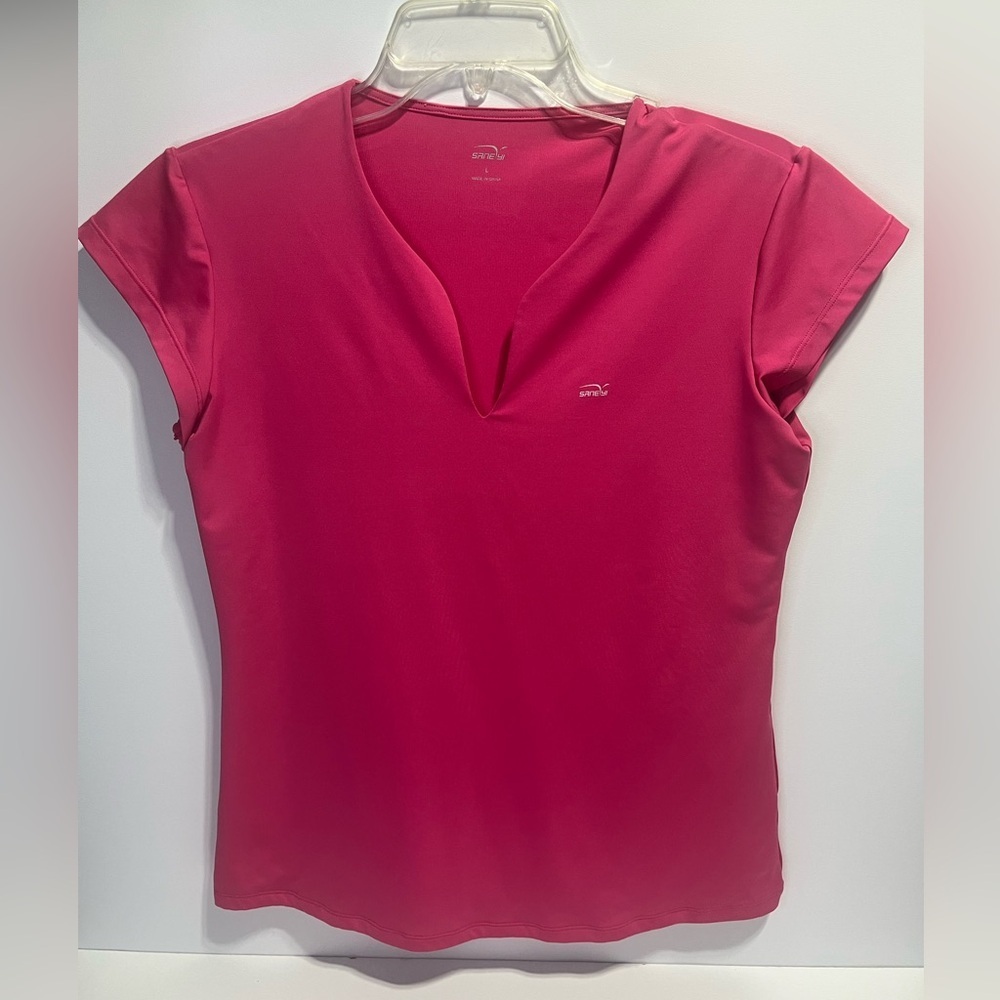 Athletic Dark Pink V-Neck Short Sleeve Tech Tee Fitted Women's Large